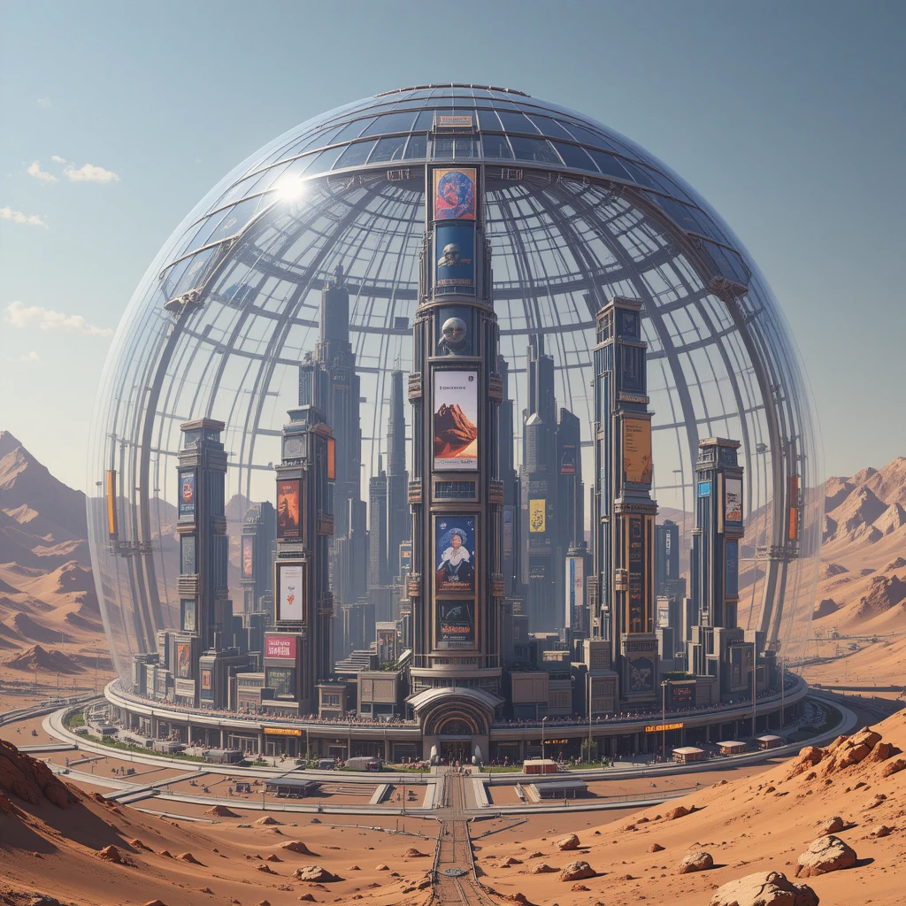 Future Mars with a city surrounded by a great glass dome with skyscrapers full of advertisements